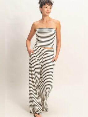 NEW HYFVE Black Striped Tube Top & Wide Leg Pants Set Coastal Size Medium